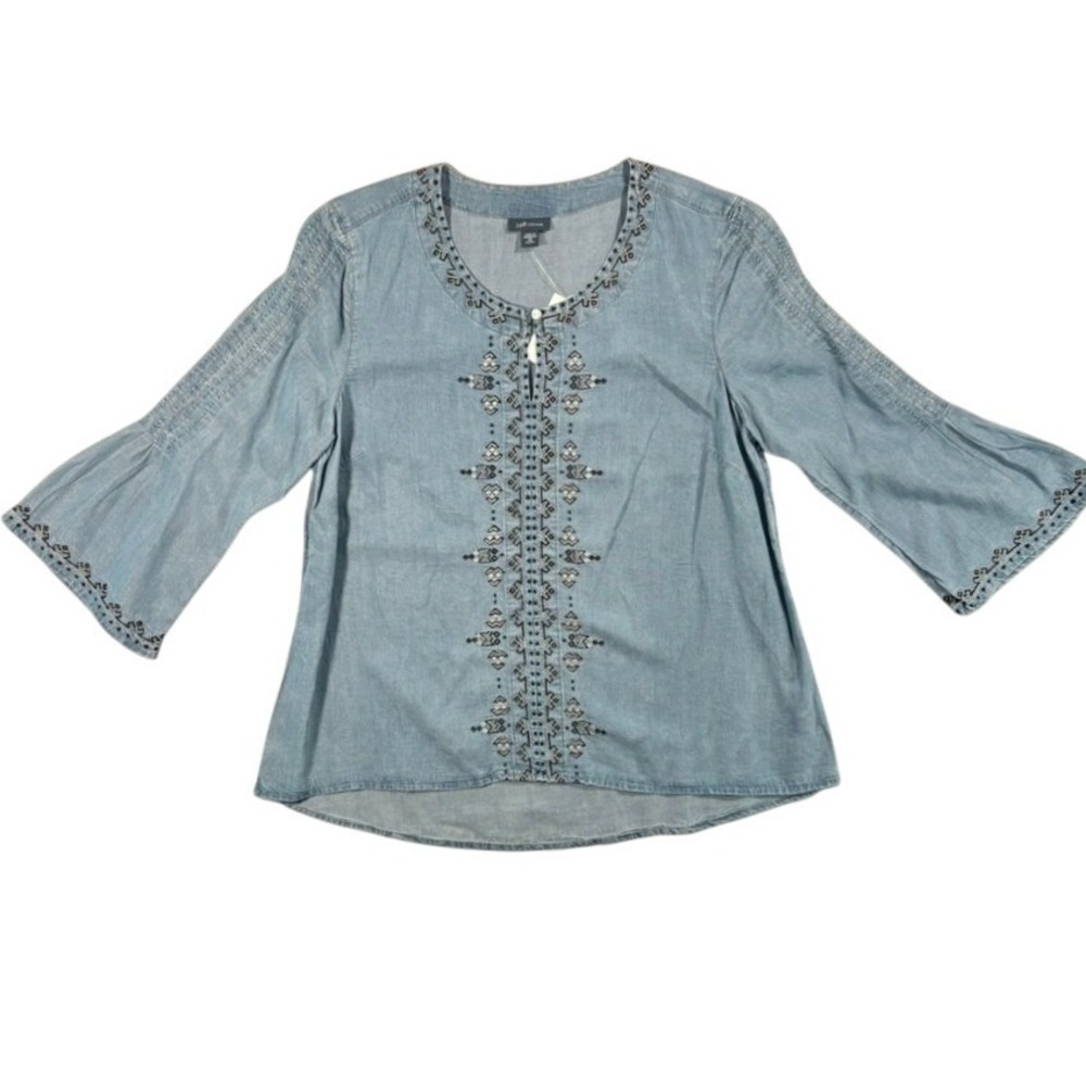 J Jill Blue Denim Chambray Embroidered Boho Top Bell Sleeve XSP Petite Brand New